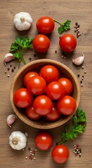 Fresh tomatoes in wooden bowl