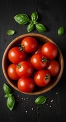 Fresh tomatoes in wooden bowl with basil