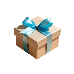 Obraz premium Small Gift Box with Blue Bow, Soft Shadows on Solid Tan Background, Isolated PNG