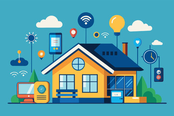 Smart home setup with modern technology and various connected devices in bright colors