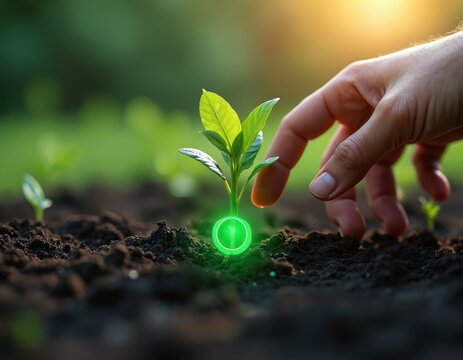 Hand gently touches soil near young plant with glowing effect. Symbolizes tech growth, new life, and environment care. Focus on greenery, sustainable farming, and innovative agriculture development.