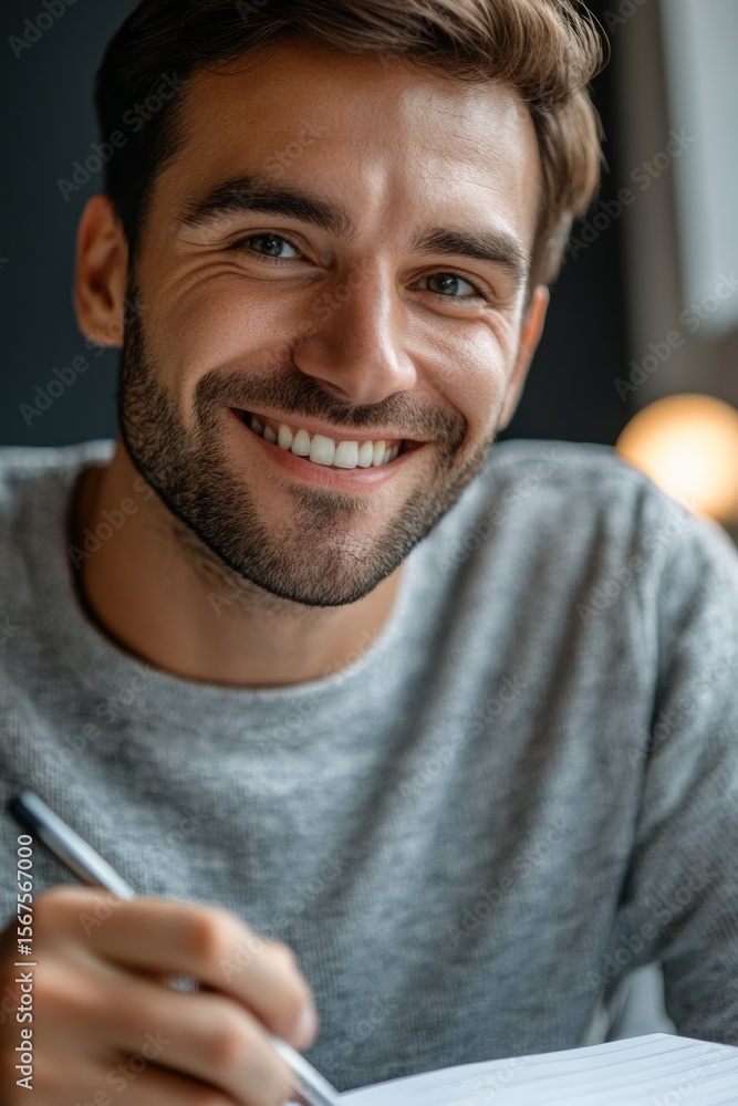 Poster a 35-year-old man with expressive eyes smiles warmly while taking notes on a business project. dress