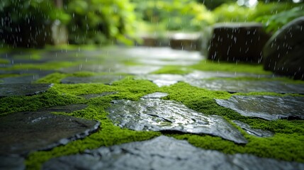 Fototapeta premium The deep green moss on the courtyard slate