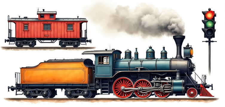 Vintage steam locomotive and caboose illustration. Detailed artwork shows classic train on railway with signal horn. Retro transport and travel theme, nostalgic heritage and history.