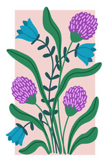 Flat vector illustration of a hand drawn poster featuring a delicate bouquet of wildflowers, including clover and bell flower. Soft botanical composition in a minimal flat style