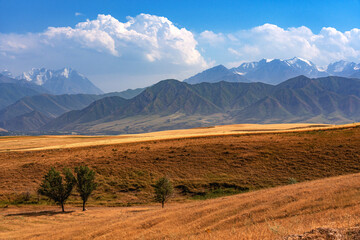 Bright colorful beautiful mountain landscape with mountains, clouds, fields and hills.