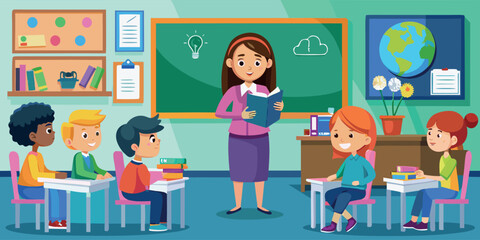 Engaging classroom setting with teacher and students enjoying a reading lesson on a sunny day