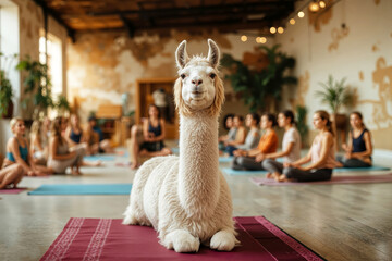 Llama sitting on yoga mat during indoor yoga class with people meditating in background for humorous wellness and animal therapy concept