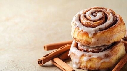 Freshly baked cinnamon rolls with icing and cinnamon sticks on a light background