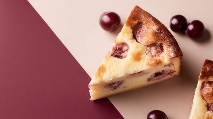 Delicious slice of cherry clafoutis dessert on minimalist background with grapes for an inviting culinary experience