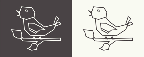 Bird Icon in Black Line Art and White Line Art Cutout Style