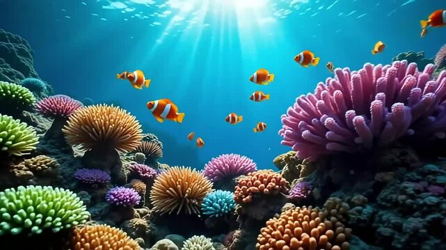 Underwater coral reef with clownfish swimming in blue ocean water nature aquarium background hd wallpaper
