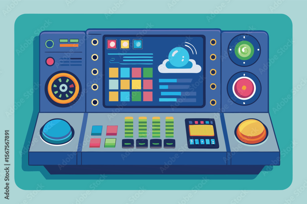 Poster control panel design featuring colorful buttons and touchscreen interface for a futuristic applicati