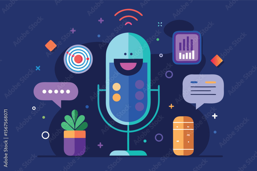 Poster friendly microphone graphic design featuring cheerful expressions and communication elements in a co