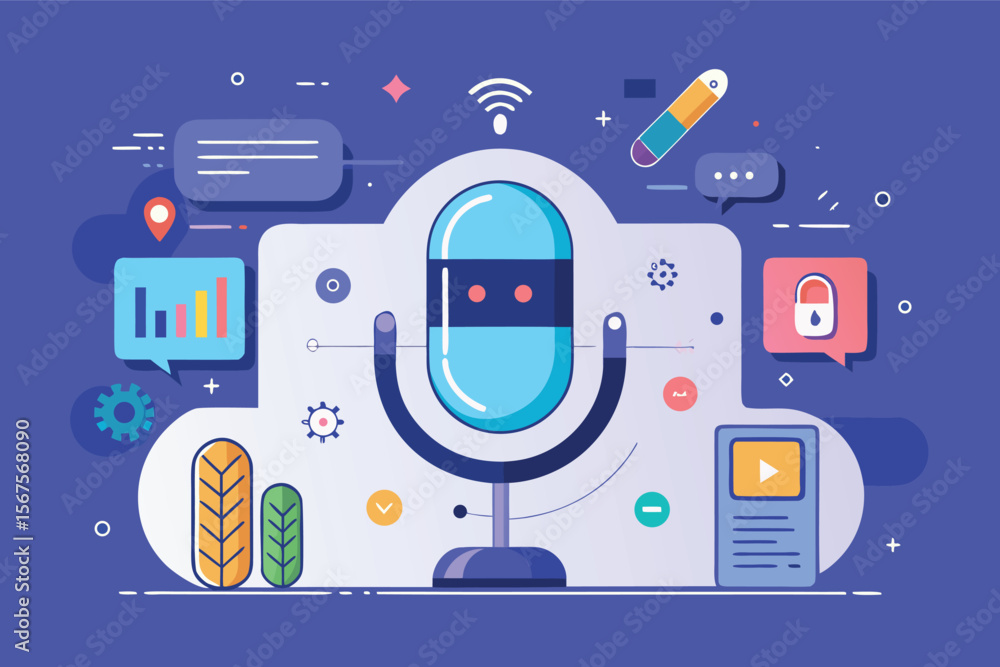 Poster colorful digital artwork of a microphone surrounded by communication tools and data elements during 