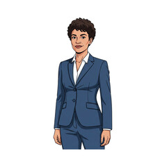A businesswoman stands confidently in a blue suit on a black background, showcasing professional attire and a modern, stylized illustration, ideal for corporate or design projects.