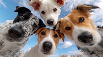 Diverse group of five playful cute dogs looking up outdoors against blue sky with clouds, close-up, detailed and vibrant image, pet animals