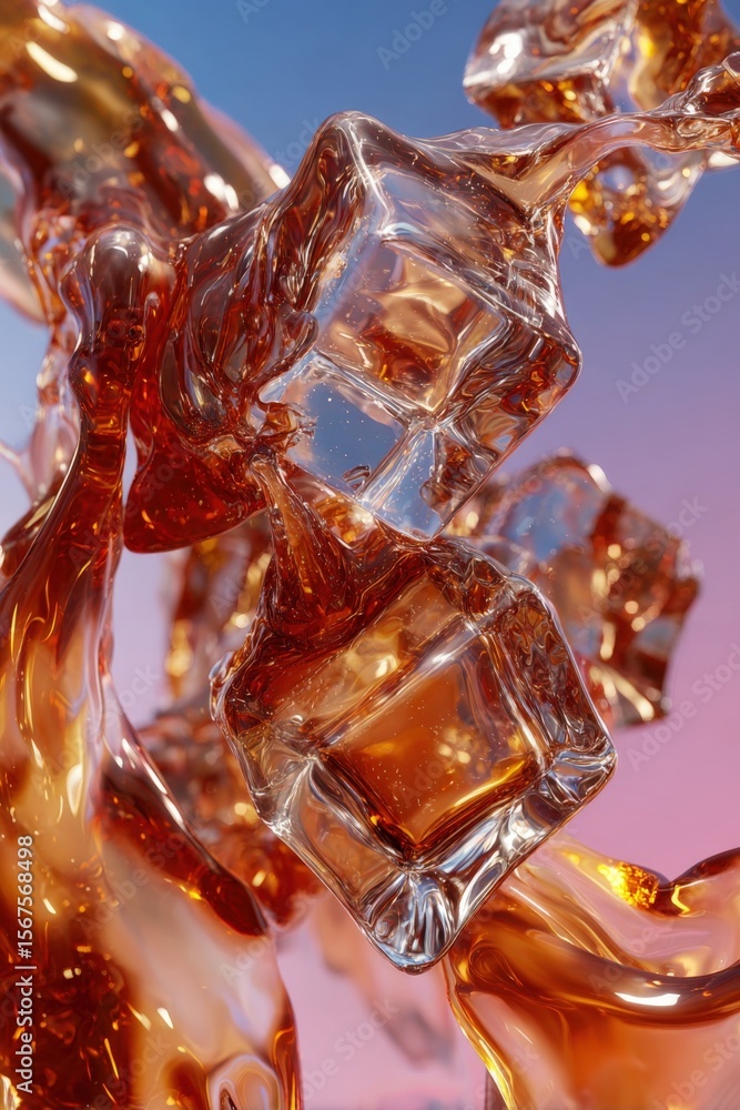 Aufkleber Close-up view of melting ice cubes and flowing caramel syrup with vibrant pink and blue sky background showcasing cold and sweet liquids