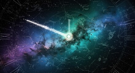 Cosmic time: a celestial clock face blending constellations and nebulae with luminous clock hands