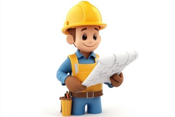 Construction worker with blueprint 3d render cartoon character on white background