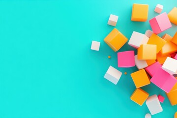 Obraz premium Colorful Cubes Composition: A dynamic collection of vibrant cubes, strategically arranged against a striking blue backdrop, creating an eye-catching visual narrative and inspiring abstract artwork.