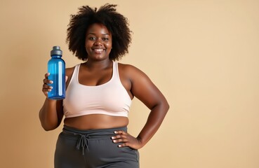 Plus size African American woman confidently holds sports bottle, hand on hip. Activewear attire highlights fitness journey. Celebrates self-esteem, healthy lifestyle choice, body positivity.