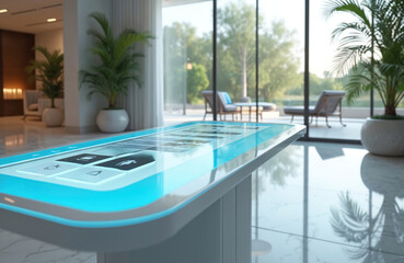 Futuristic smart table with glowing blue interface in modern hotel lobby. Touch screen display offers digital concierge services, innovative menu options, sleek AI assistance. Minimalist design