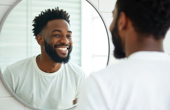 Happy Black man with beard smiles looking into bathroom mirror. Young African American man in white t-shirt checks appearance in morning. Grooming, skincare, self-care routine. Positive emotion,