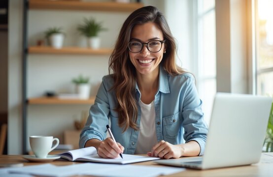 Young businesswoman smiles working on laptop, researching information online. Woman studies data, connects with colleagues via web, plans tasks, gives positive feedback. Efficient remote work,