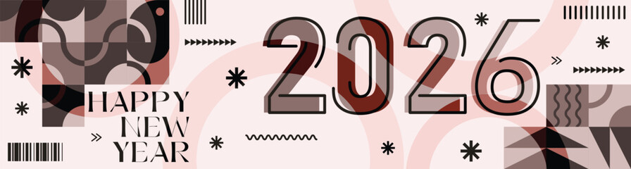 Happy New Year 2026 text design Modern Calligraphy Greetings on a Stylish background with geometric patterns, abstract pattern with lines, new year celebration design, colorful vector illustration