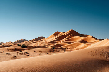 minimalist desert landscape with smooth sand dunes, clear blue sky, warm sunlight, terracotta and beige tones, 