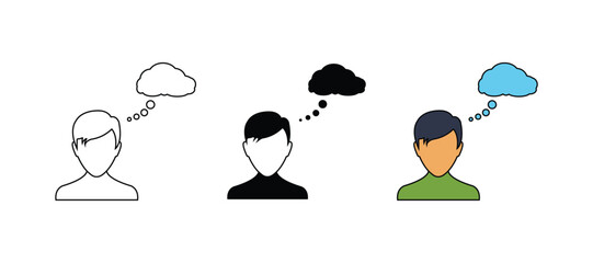 Vector illustration emoji character male with a thinking expression and a thought cloud. Man thinking gyph emoji.
