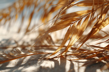 sunlight filtering through dried palm leaves over sand, warm natural tones, 