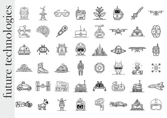 Futuristic technology illustrations featuring robots, gadgets, and innovations in black and white