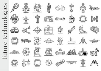 Futuristic technology illustrations featuring robots, gadgets, and innovations in black and white