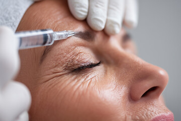 Close up, Cosmetologist performing botox injection on womans forehead in beauty clinic