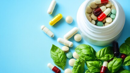 Colorful assortment of capsules and tablets on a blue background with fresh basil leaves scattered around
