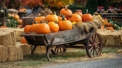 Autumn pumpkins in a rustic wooden wagon.