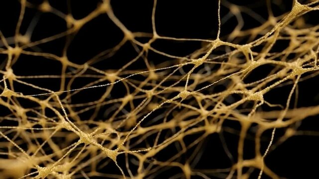 A complex web of golden fibers intertwines against a dark background, symbolizing neural networks, connectivity, and intricate structures ideal for illustrating neuron synapses and biotech concepts