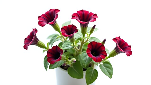 Photorealistic image of burundy Petunia plant isolated on white. Trumpet-shaped bloom in vibrant color with soft green leaves. Botanical macro with soft light and natural detail.