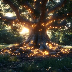 Illuminated ancient tree in a sunlit woodland.