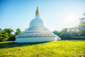 The snow-white Zalaszanto Peace Stupa, a Buddhist building and religious center near Lake Balaton...