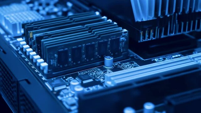 Close-up of computer motherboard showcasing RAM modules and circuitry in a blue-lit environment