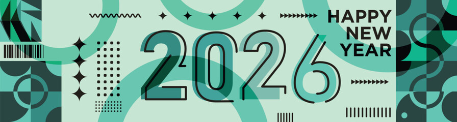 Happy New Year 2026 text design Modern Calligraphy Greetings on a Stylish background with geometric patterns, abstract pattern with lines, new year celebration design, colorful vector illustration
