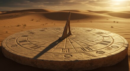 Ancient sundial standing as a silent timekeeper in a desolate golden sand desert landscape