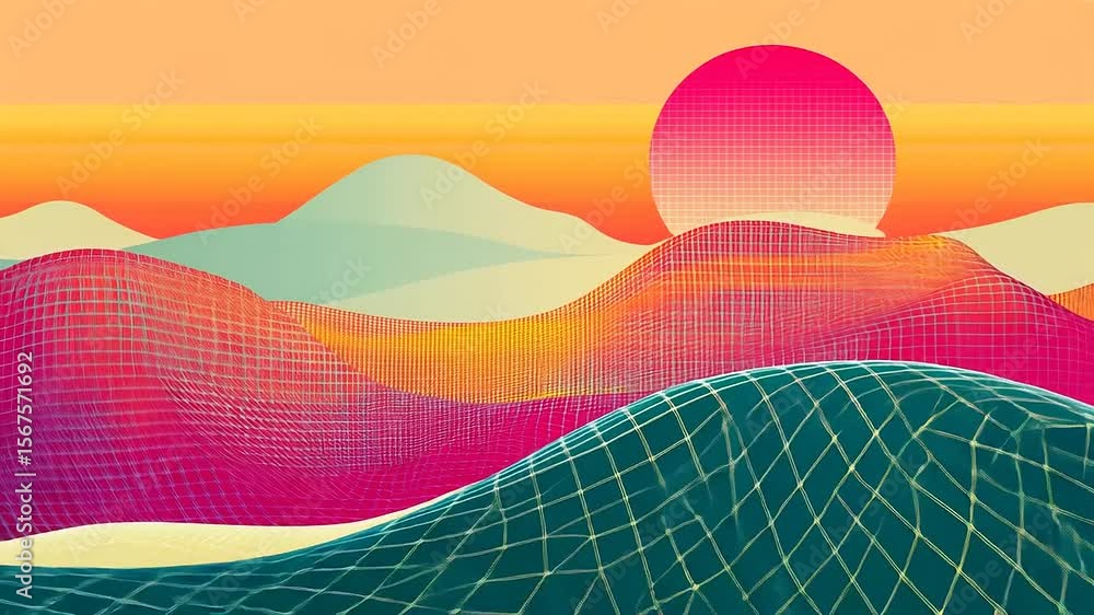 Poster vibrant abstract landscape with colorful waves and a large sun setting over rolling hills in the bac
