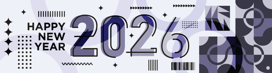 Happy New Year 2026 text design Modern Calligraphy Greetings on a Stylish background with geometric patterns, abstract pattern with lines, new year celebration design, colorful vector illustration