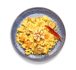 Plate of tasty pilaf with garlic and chili pepper on white background