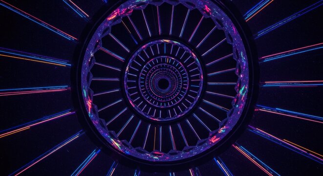Hypnotic luminous circles forming a deep vortex in a neon geometric arrangement