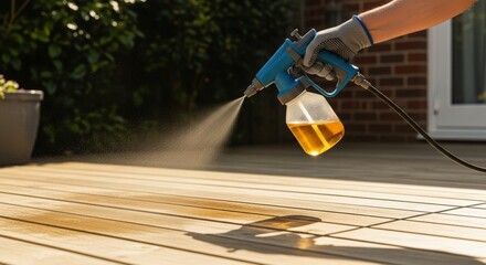 Protecting outdoor wooden decking with professional wood oil spray application